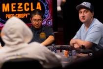 Jordan Griff, right, looks on as Jonathan Tamayo checks his cards as they compete in the final ...