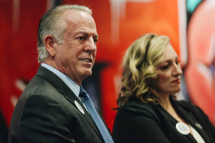 FILE - Nevada Gov. Joe Lombardo, left, stands next to Nevada State Senate Majority Leader Nicol ...